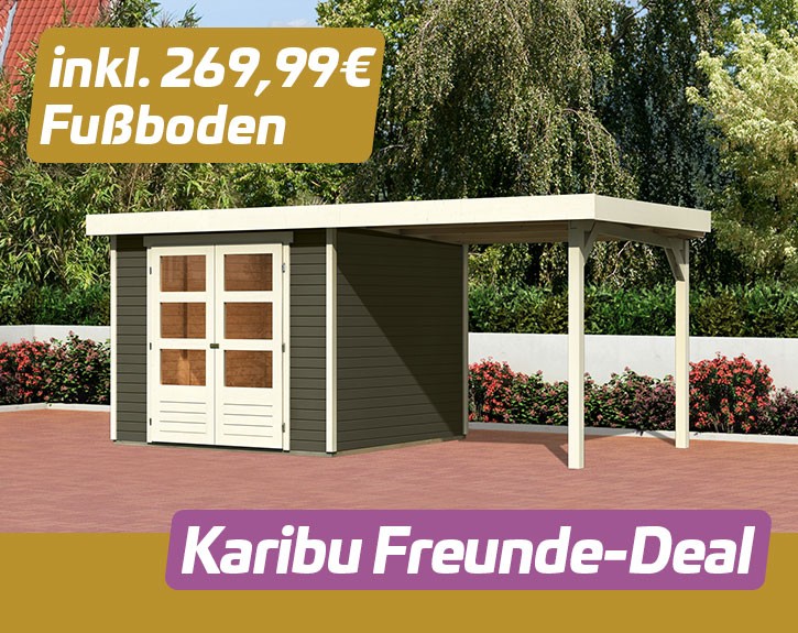 KARIBU FREUNDE-DEAL Holz-Gartenhaus Cuno + 2,4m Anbaudach + Fußboden - 19mm Elementhaus - Flachdach - terragrau