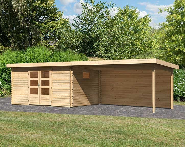 Karibu Holz-Gartenhaus Trittau 5 + 4,4m Anbaudach + Rückwand - 38mm Blockbohlenhaus - Gartenhaus Lounge - Pultdach - natur