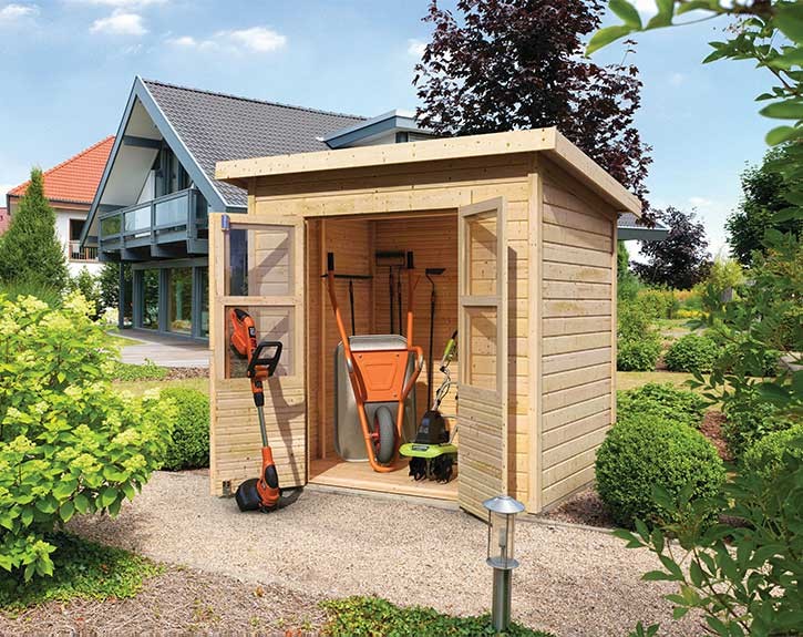 Karibu Holz-Gartenhaus Merseburg 3 - 14mm Elementhaus - Geräteschuppen - Pultdach - natur