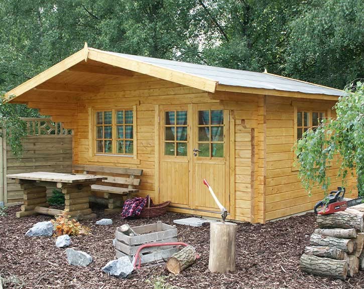 Finnhaus Wolff Holz-Gartenhaus Nova 4536 44 + Vordach - 44mm Blockbohlenhaus - Satteldach - natur