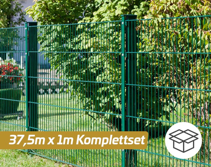 Deutsche Zauntechnik Doppelstabmattenzaun Komplettset MORITZ S - Metallzaun / Vorgartenzaun - moosgrün - 37,5 x 1 m