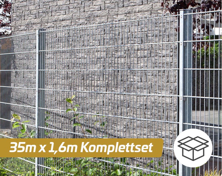 Deutsche Zauntechnik Doppelstabmattenzaun Komplettset MAX - Metallzaun - silber - 35 x 1,6 m