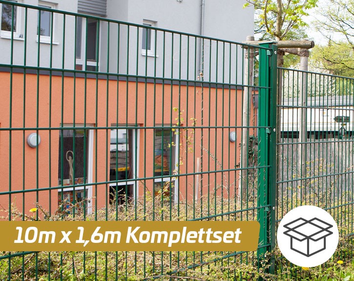 Deutsche Zauntechnik Doppelstabmattenzaun Komplettset MAX S - Metallzaun - moosgrün - 10 x 1,6 m