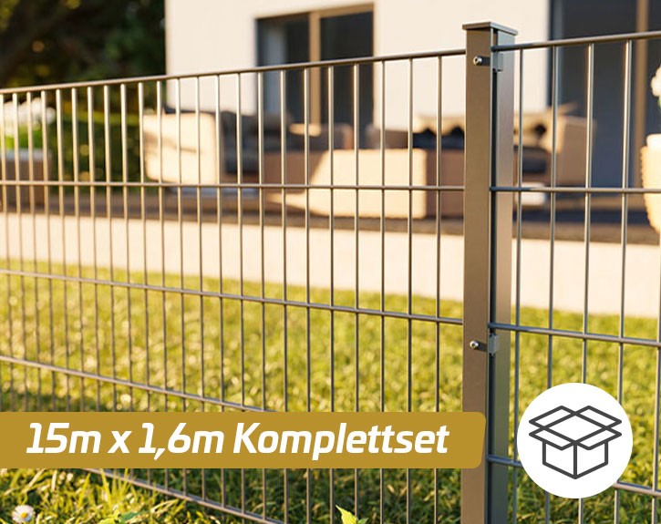 Deutsche Zauntechnik Doppelstabmattenzaun Komplettset MAX S - Metallzaun - anthrazit - 15 x 1,6 m