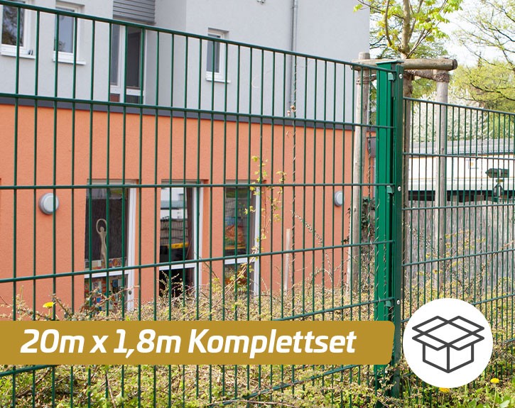 Deutsche Zauntechnik Doppelstabmattenzaun Komplettset MAX S - Metallzaun - moosgrün - 20 x 1,8 m