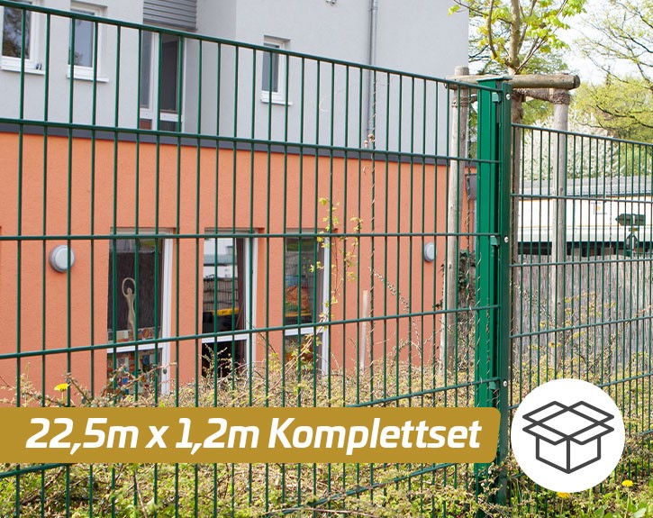 Deutsche Zauntechnik Doppelstabmattenzaun Komplettset MAX S - Metallzaun / Vorgartenzaun - moosgrün - 22,5 x 1,2 m