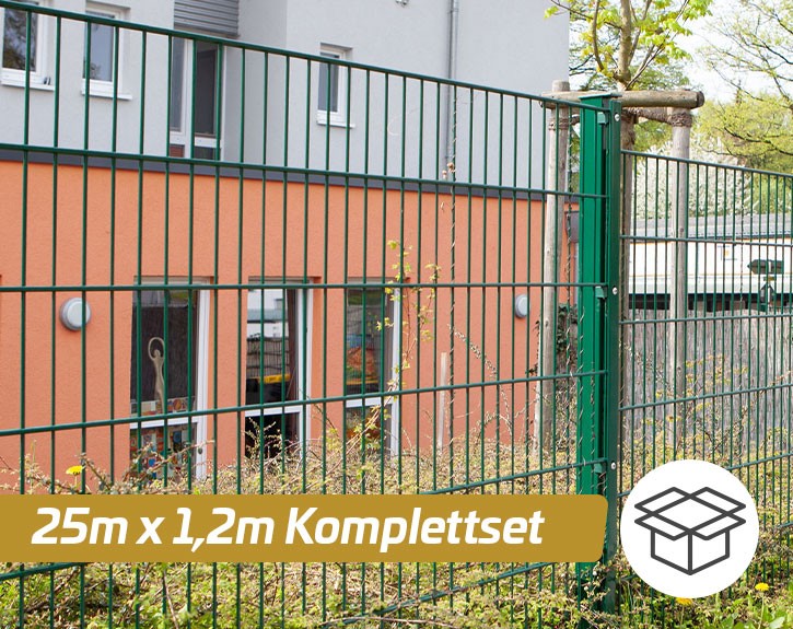 Deutsche Zauntechnik Doppelstabmattenzaun Komplettset MAX S - Metallzaun / Vorgartenzaun - moosgrün - 25 x 1,2 m