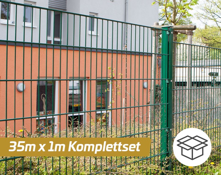 Deutsche Zauntechnik Doppelstabmattenzaun Komplettset MAX S - Metallzaun / Vorgartenzaun - moosgrün - 35 x 1,0 m