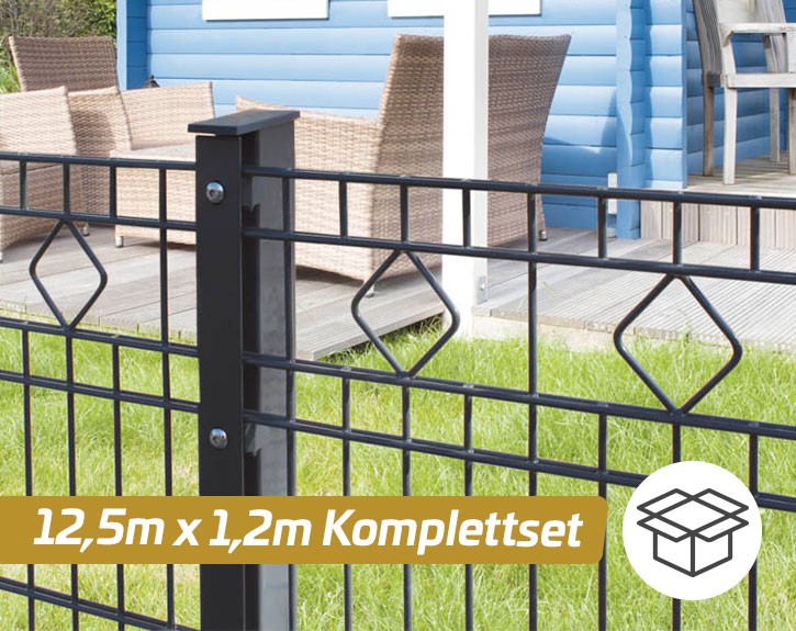 Deutsche Zauntechnik Schmuckzaun Komplettset Residenz standard GIRONA - Metallzaun / Vorgartenzaun - anthrazit - 12,5 x 1,2 m