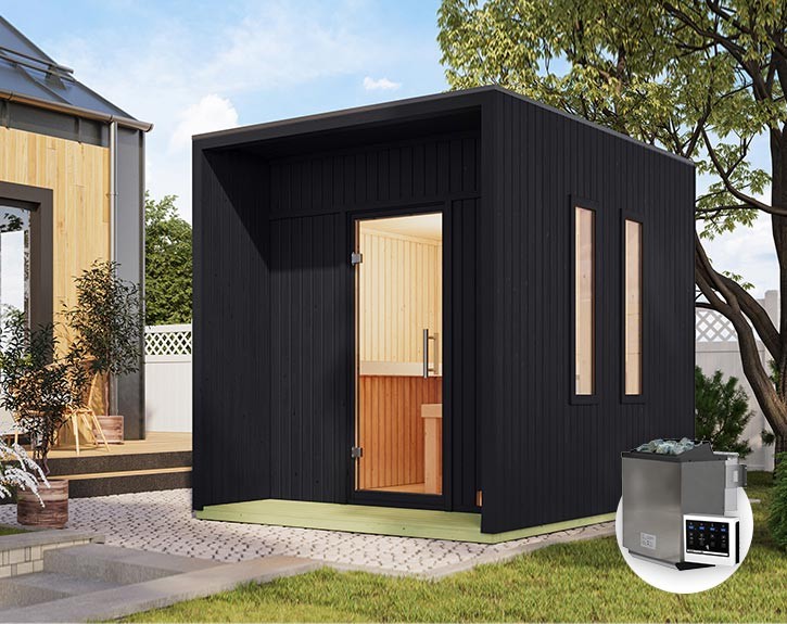 Karibu Gartensauna Laguna + 9kW Bio-Kombiofen + externe Steuerung - 73mm Saunahaus - Flachdach - schwarz