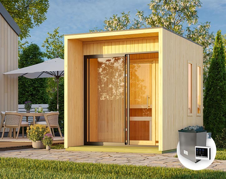 Karibu Gartensauna Catalina + Vorraum + 9kW Saunaofen + externe Steuerung - 73mm Saunahaus - Flachdach - natur