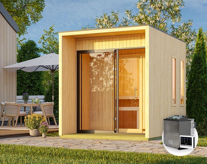 Karibu Gartensauna Catalina + Vorraum + 9kW Bio-Kombiofen + externe Steuerung - 73mm Saunahaus - Flachdach - natur