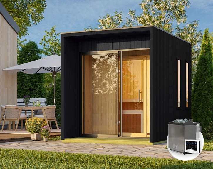 Karibu Gartensauna Catalina + Vorraum + 9kW Bio-Kombiofen + externe Steuerung - 73mm Saunahaus - Flachdach - schwarz