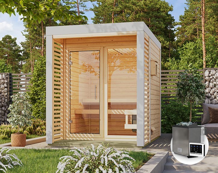 Karibu Gartensauna Ares 1 + 9kW Bio-Kombiofen + externe Steuerung - 38mm Hybrid-Saunahaus - Flachdach - natur/weiß