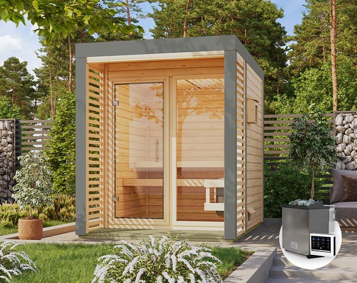 Karibu Gartensauna Ares 1 + 9kW Bio-Kombiofen + externe Steuerung - 38mm Hybrid-Saunahaus - Flachdach - natur/staubgrau