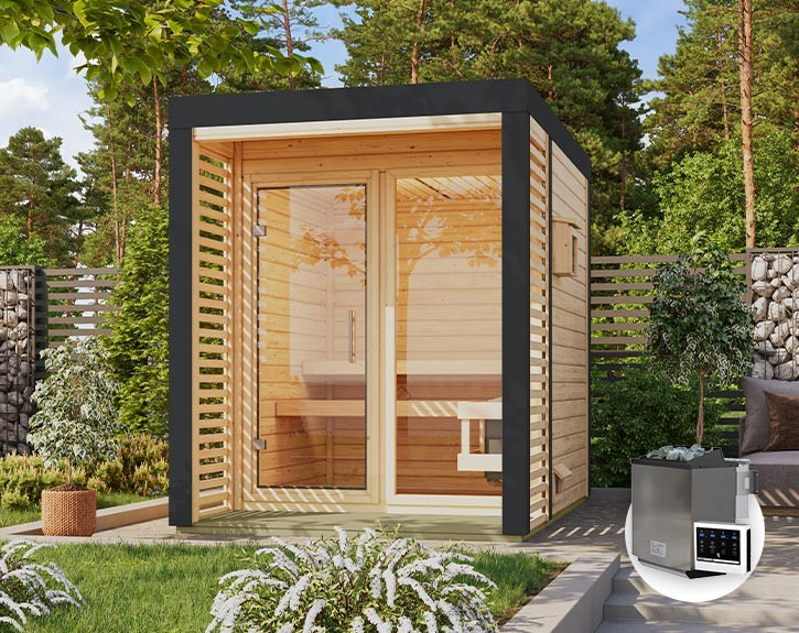 Karibu Gartensauna Ares 1 + 9kW Bio-Kombiofen + externe Steuerung - 38mm Hybrid-Saunahaus - Flachdach - natur/anthrazit