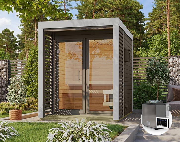 Karibu Gartensauna Ares 1 + 9kW Bio-Kombiofen + externe Steuerung - 38mm Hybrid-Saunahaus - Flachdach - terragrau/weiß