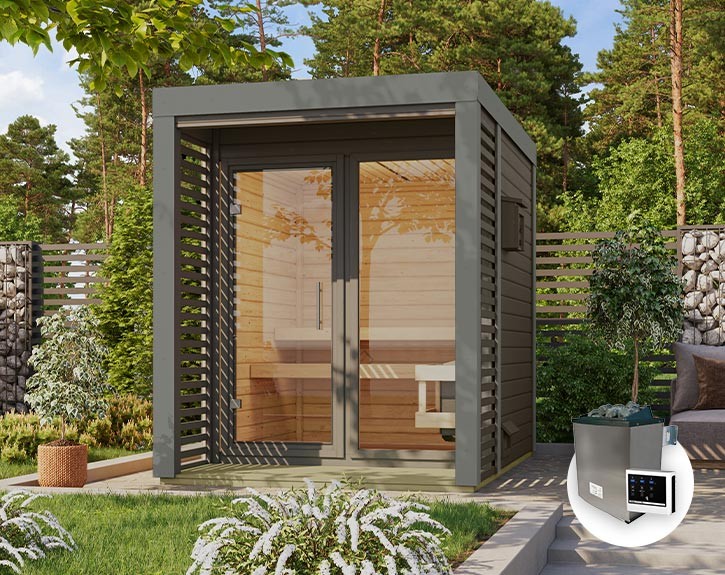 Karibu Gartensauna Ares 1 + 9kW Saunaofen + externe Steuerung - 38mm Hybrid-Saunahaus - Flachdach - terragrau/staubgrau