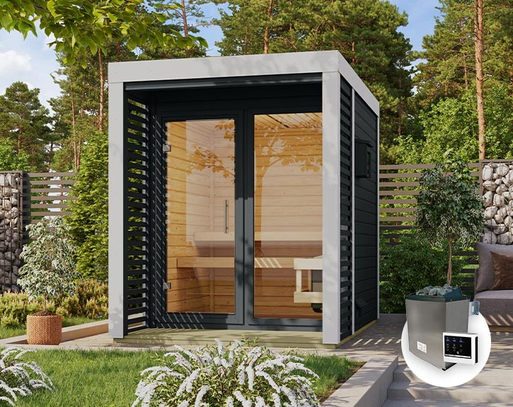 Karibu Gartensauna Ares 1 + 9kW Saunaofen + externe Steuerung - 38mm Hybrid-Saunahaus - Flachdach - anthrazit/weiß