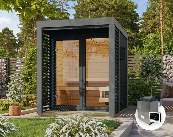 Karibu Gartensauna Ares 1 + 9kW Saunaofen + externe Steuerung - 38mm Hybrid-Saunahaus - Flachdach - anthrazit/staubgrau