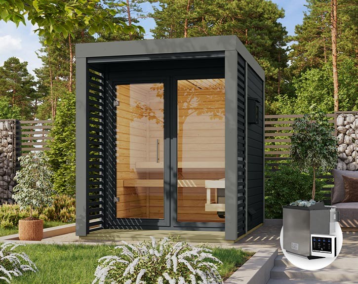 Karibu Gartensauna Ares 1 + 9kW Bio-Kombiofen + externe Steuerung - 38mm Hybrid-Saunahaus - Flachdach - anthrazit/staubgrau