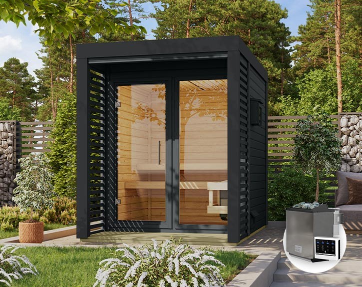 Karibu Gartensauna Ares 1 + 9kW Bio-Kombiofen + externe Steuerung - 38mm Hybrid-Saunahaus - Flachdach - anthrazit/anthrazit