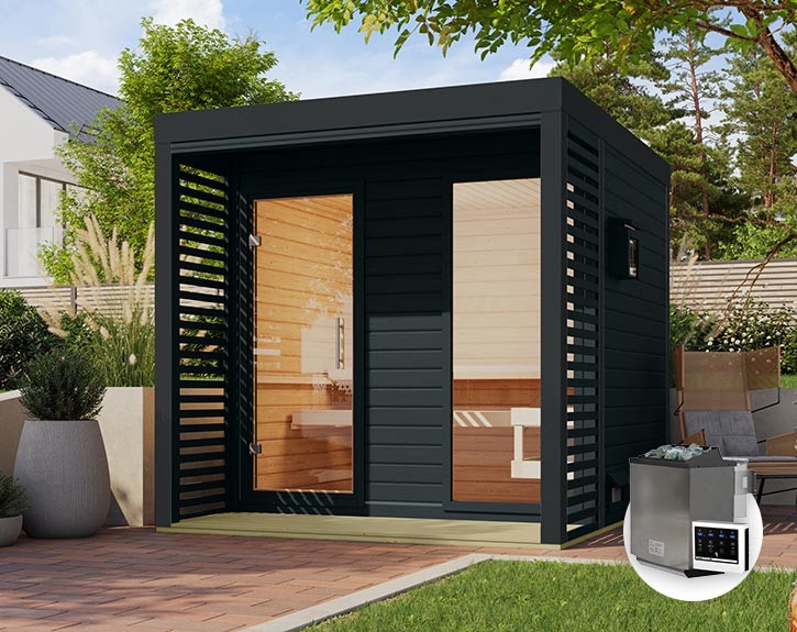 Karibu Gartensauna Ares 2 + 9kW Bio-Kombiofen + externe Steuerung - 38mm Hybrid-Saunahaus - Flachdach - anthrazit/anthrazit