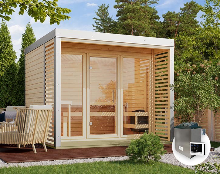 Karibu Gartensauna Ares 3 + 9kW Saunaofen + externe Steuerung - 38mm Hybrid-Saunahaus - Flachdach - natur/weiß