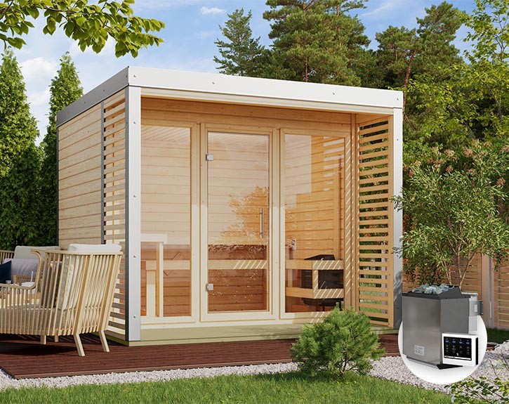 Karibu Gartensauna Ares 3 + 9kW Bio-Kombiofen + externe Steuerung - 38mm Hybrid-Saunahaus - Flachdach - natur/weiß