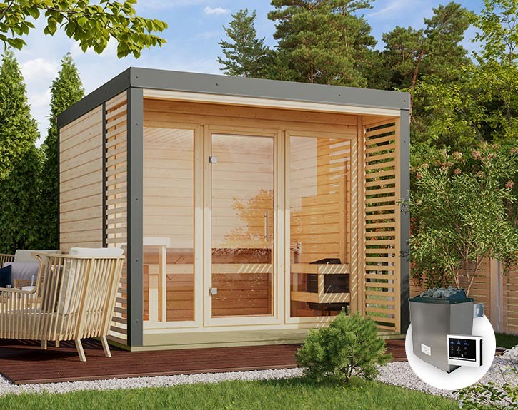 Karibu Gartensauna Ares 3 + 9kW Saunaofen + externe Steuerung - 38mm Hybrid-Saunahaus - Flachdach - natur/staubgrau