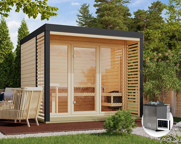 Karibu Gartensauna Ares 3 + 9kW Bio-Kombiofen + externe Steuerung - 38mm Hybrid-Saunahaus - Flachdach - natur/anthrazit