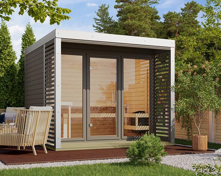 Karibu Gartensauna Ares 3 - 38mm Hybrid-Saunahaus - Flachdach - terragrau/weiß