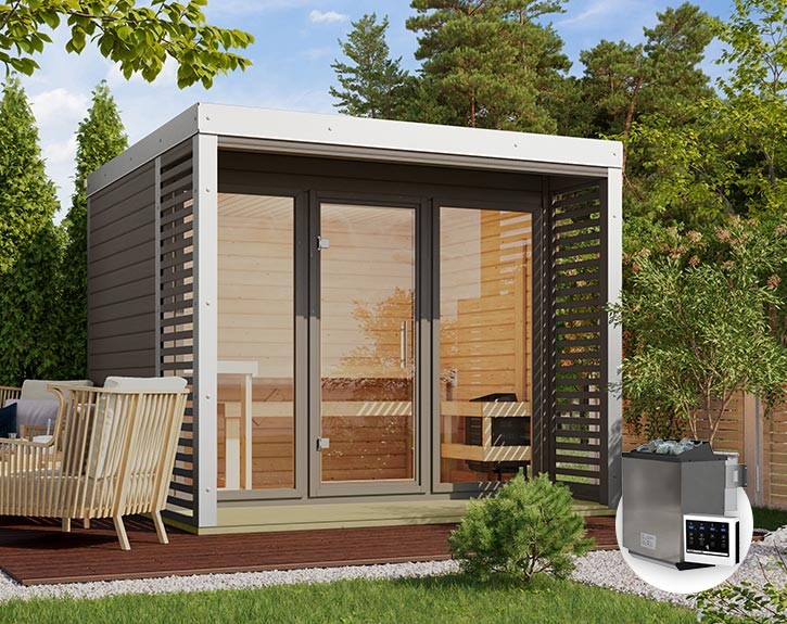 Karibu Gartensauna Ares 3 + 9kW Bio-Kombiofen + externe Steuerung - 38mm Hybrid-Saunahaus - Flachdach - terragrau/weiß