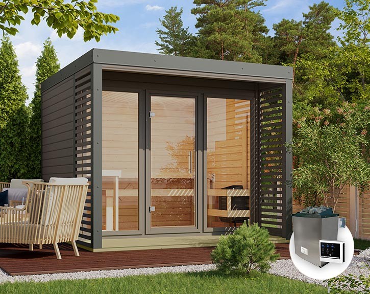 Karibu Gartensauna Ares 3 + 9kW Saunaofen + externe Steuerung - 38mm Hybrid-Saunahaus - Flachdach - terragrau/staubgrau