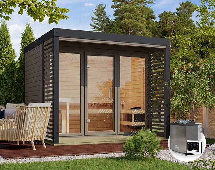 Karibu Gartensauna Ares 3 + 9kW Bio-Kombiofen + externe Steuerung - 38mm Hybrid-Saunahaus - Flachdach - terragrau/anthrazit