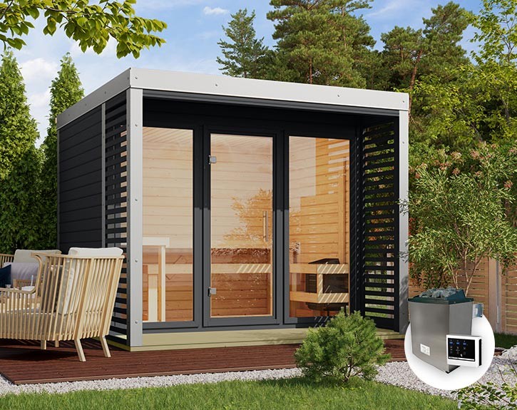 Karibu Gartensauna Ares 3 + 9kW Saunaofen + externe Steuerung - 38mm Hybrid-Saunahaus - Flachdach - anthrazit/weiß