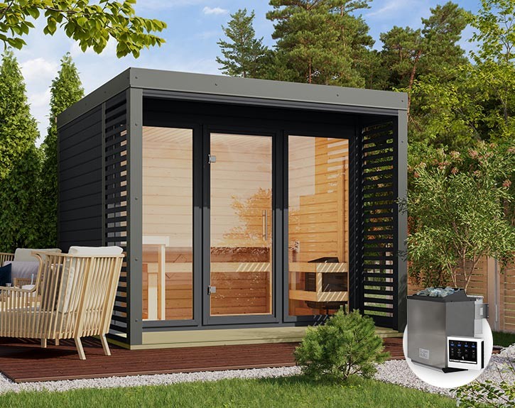 Karibu Gartensauna Ares 3 + 9kW Bio-Kombiofen + externe Steuerung - 38mm Hybrid-Saunahaus - Flachdach - anthrazit/staubgrau