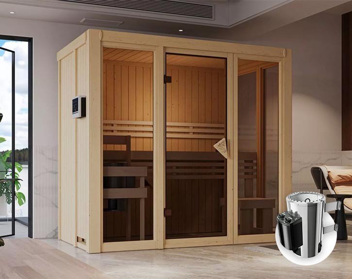 Karibu Innensauna Irava 2 + Glasfront + Superior-Ausstattung + 3,6kW Plug&Play Saunaofen + integrierte Steuerung - 68mm Systemsauna