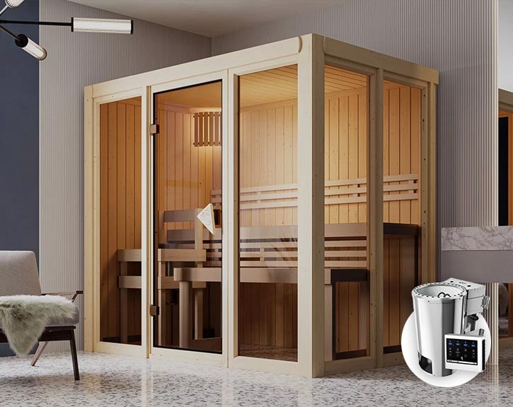 Karibu Innensauna Irava 3 + Glasfront + Superior-Ausstattung + 3,6kW Plug&Play Bio-Kombiofen + externe Steuerung - 68mm Systemsauna