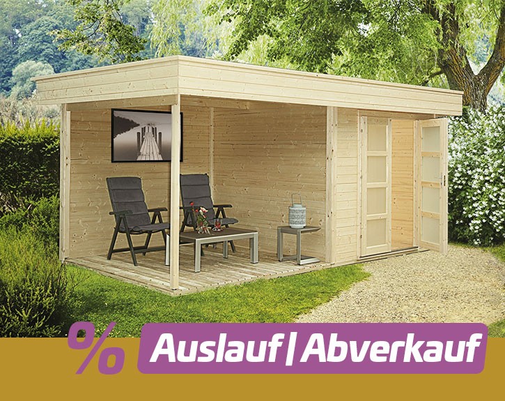 Finnhaus Wolff Holz Gartenhaus Violetta 5025 28 + 2,5m Anbaudach + Rückwand + Terrasse - 28mm Elementhaus - Gartenhaus Lounge - Pultdach - natur