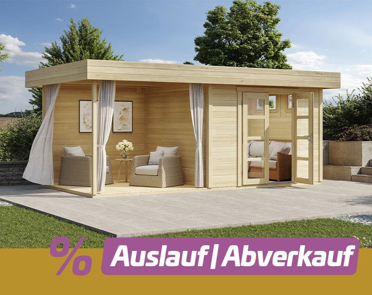 Finnhaus Wolff Holz Gartenhaus Violetta 5525 28 + 2,5m Anbaudach + Rückwand + Terrasse - 28mm Elementhaus - Gartenhaus Lounge - Pultdach - natur