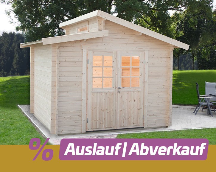 Finnhaus Wolff Holz-Gartenhaus Birte 2722 40 mit Halbglastür - 40mm Blockbohlenhaus - Geräteschuppen - Stufendach - natur