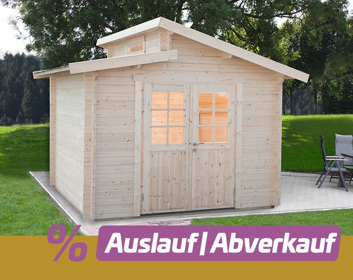 Finnhaus Wolff Holz-Gartenhaus Birte 3030 40 mit Halbglastür - 40mm Blockbohlenhaus - Geräteschuppen - Stufendach - natur