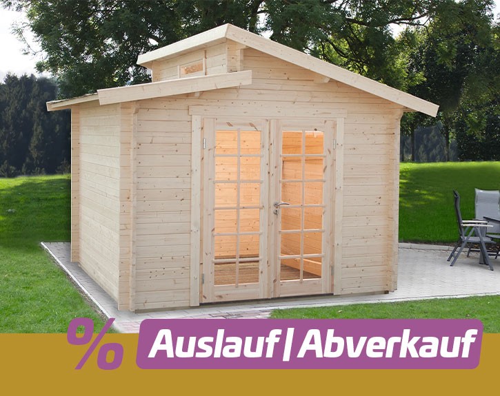 Finnhaus Wolff Holz-Gartenhaus Birte 3030 40 mit Vollglastür - 40mm Blockbohlenhaus - Geräteschuppen - Stufendach - natur