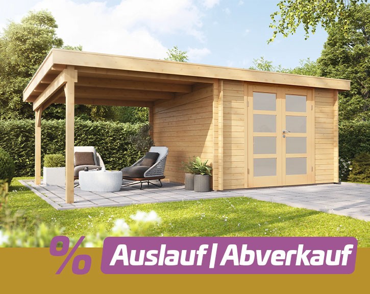 Finnhaus Wolff Holz Gartenhaus Emelie 5824 34 mit Milchglastür + 2,8m Anbaudach - 34mm Elementhaus - Geräteschuppen - Pultdach - natur