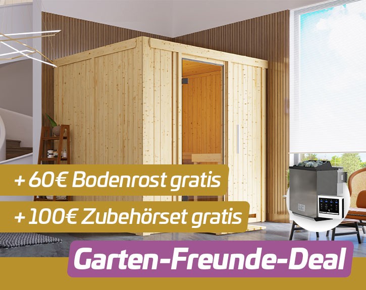 Garten-Freunde-Deal - Karibu Innensauna Auri 2 + 9kW Bio-Kombiofen + externe Steuerung - 68mm Elementsauna - Ganzglastür klar