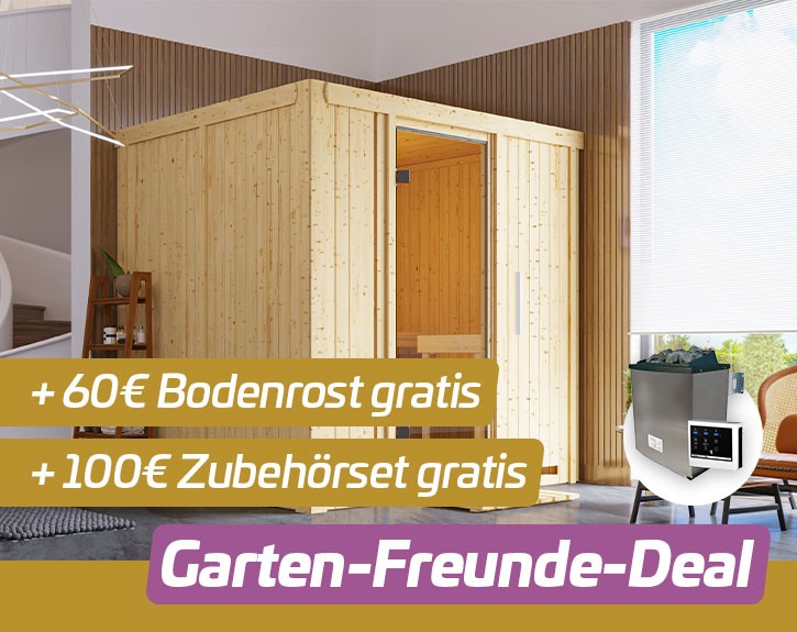 Garten-Freunde-Deal - Karibu Innensauna Auri 2 + 9kW Saunaofen + externe Steuerung - 68mm Elementsauna - Ganzglastür klar