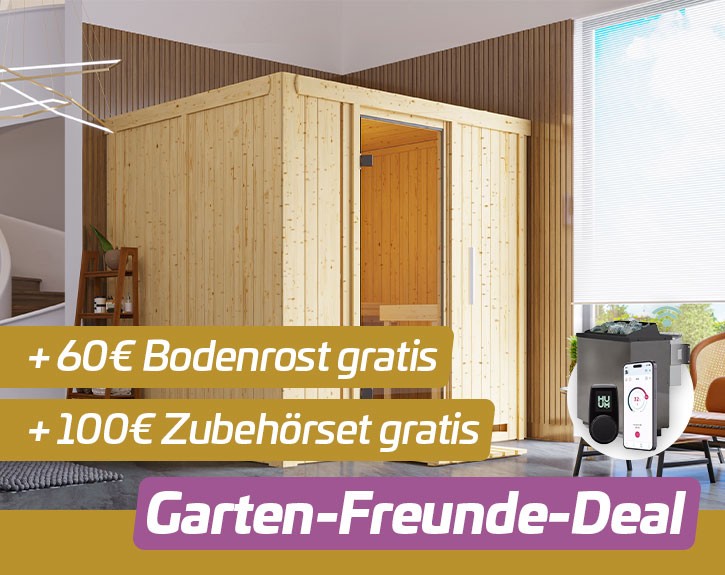 Garten-Freunde-Deal - Karibu Innensauna Auri 2 + 9kW Bio-Kombiofen + WIFI Steuerung - 68mm Elementsauna - Ganzglastür klar