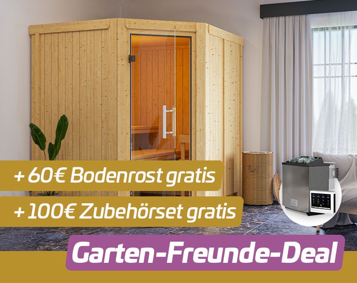 Garten-Freunde-Deal - Karibu Innensauna Auri 3 + 9kW Bio-Kombiofen + externe Steuerung - 68mm Systemsauna - Ecksauna - Ganzglastür klar