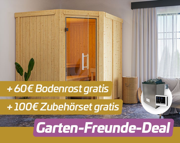 Garten-Freunde-Deal - Karibu Innensauna Auri 3 + 9kW Saunaofen + externe Steuerung - 68mm Systemsauna - Ecksauna - Ganzglastür klar